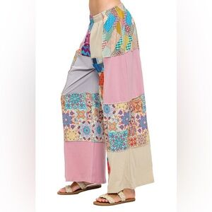 Bohemian Patchwork Wide-Leg Pants — Pink Multi